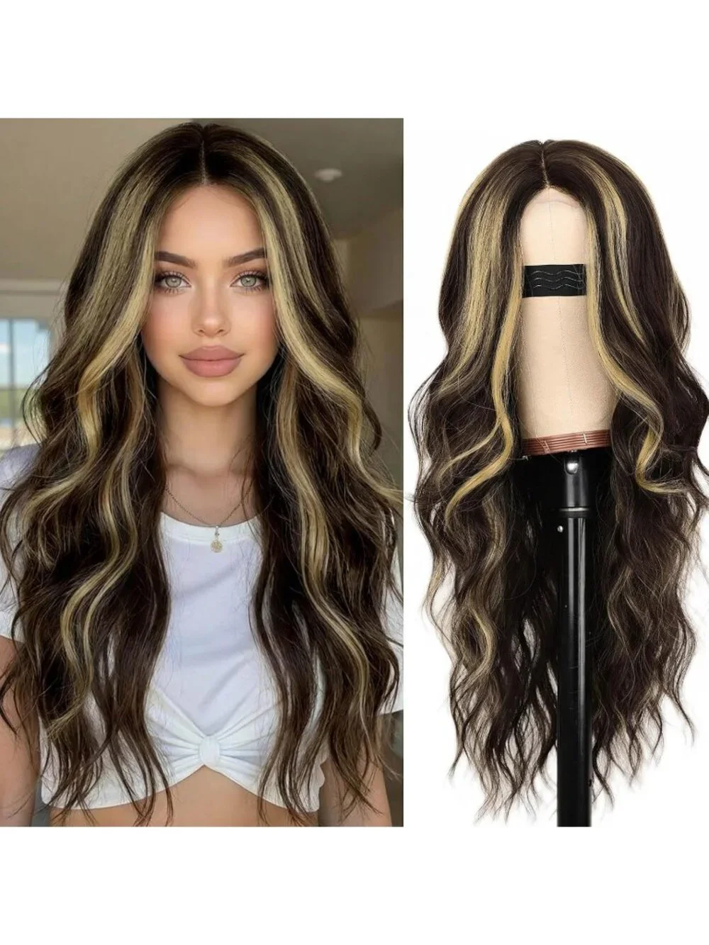 Women's Dark Brown Lace Hairline 26 Inch Synthetic Heat Resistant Wavy Wigs